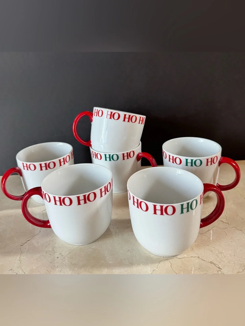 (Set/6) Crate & Barrel Ceramic HO HO HO White Holiday Mugs w/Red Handles